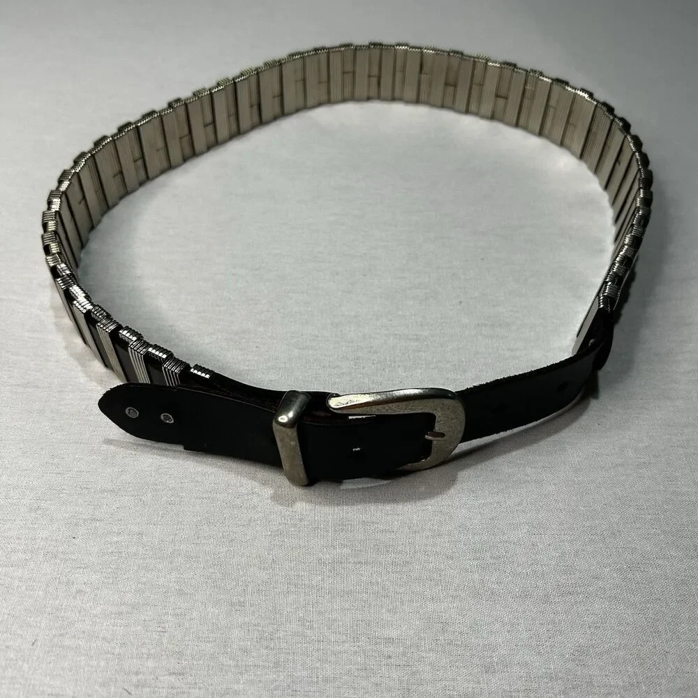Silver Metal Wrapped Dark Brown Belt End Tip Missing 28.5-32.5 In Western Boho